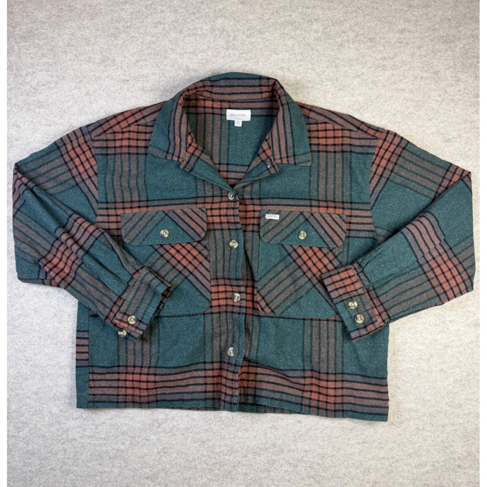 Brixton Bowery Cropped Flannel Shirt Green Rust Orange Plaid Boxy Button Up M